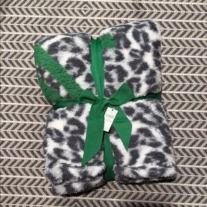 aerie Gray and White Faux Fur Leopard Print Throw Blanket